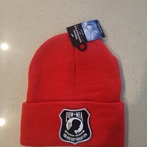 POW-MIA Patched Knit Cuffed Beanie in Red.